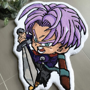 Tapis design Trunks Dragon Ball Z en laine tuftée, sur sol clair avec plante décorative